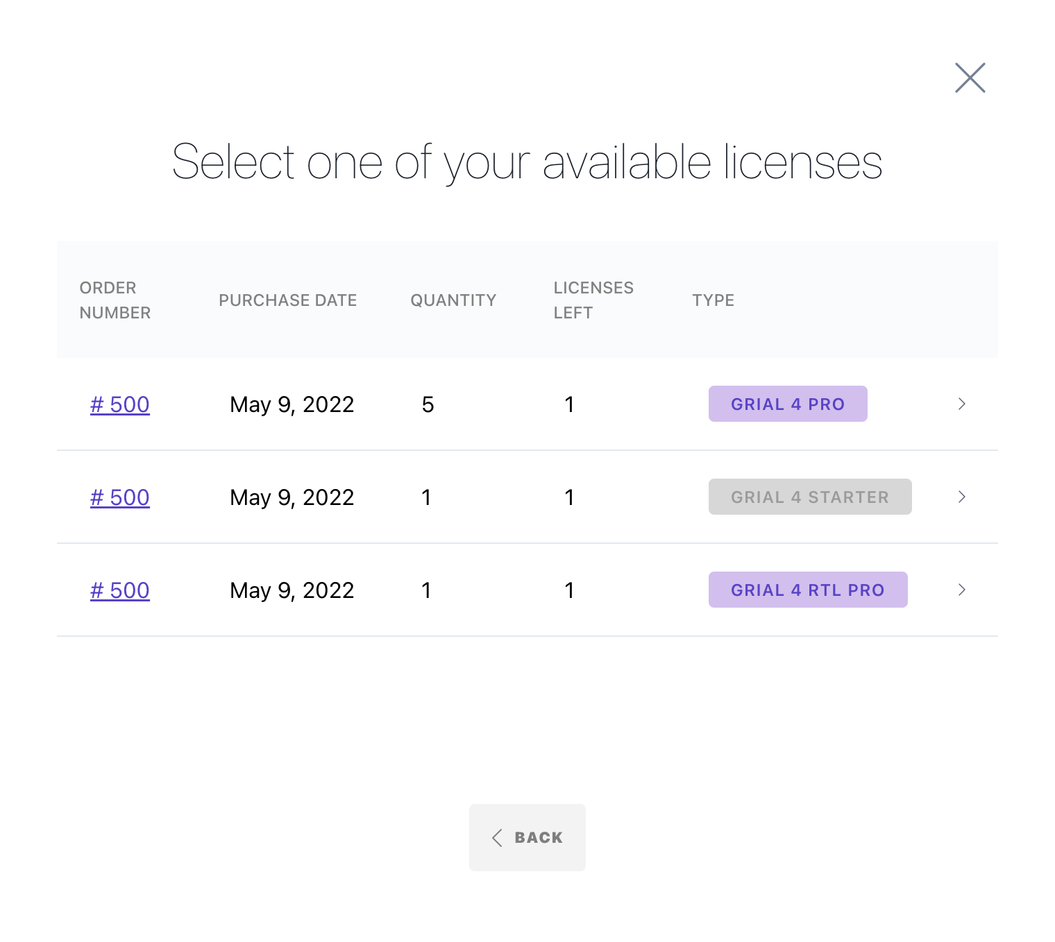 Selecting a license from the list